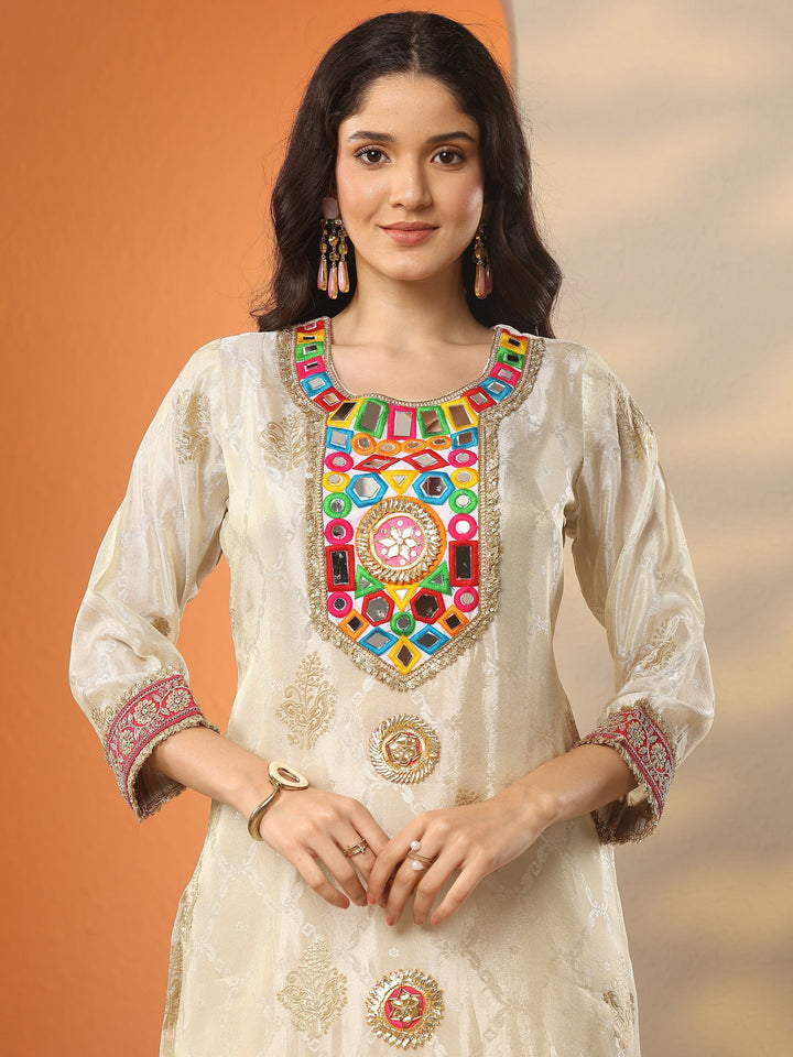 Libas Art Off White Woven Design Silk Blend Straight Suit Set With Dupatta