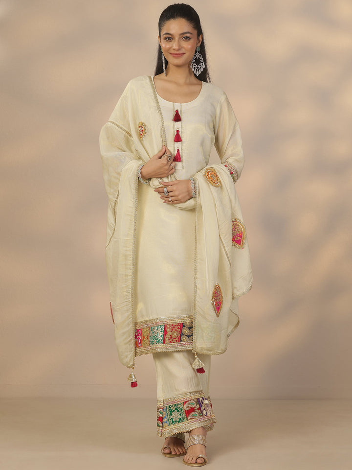 Libas Art Off White Woven Design Organza Straight Suit Set With Dupatta