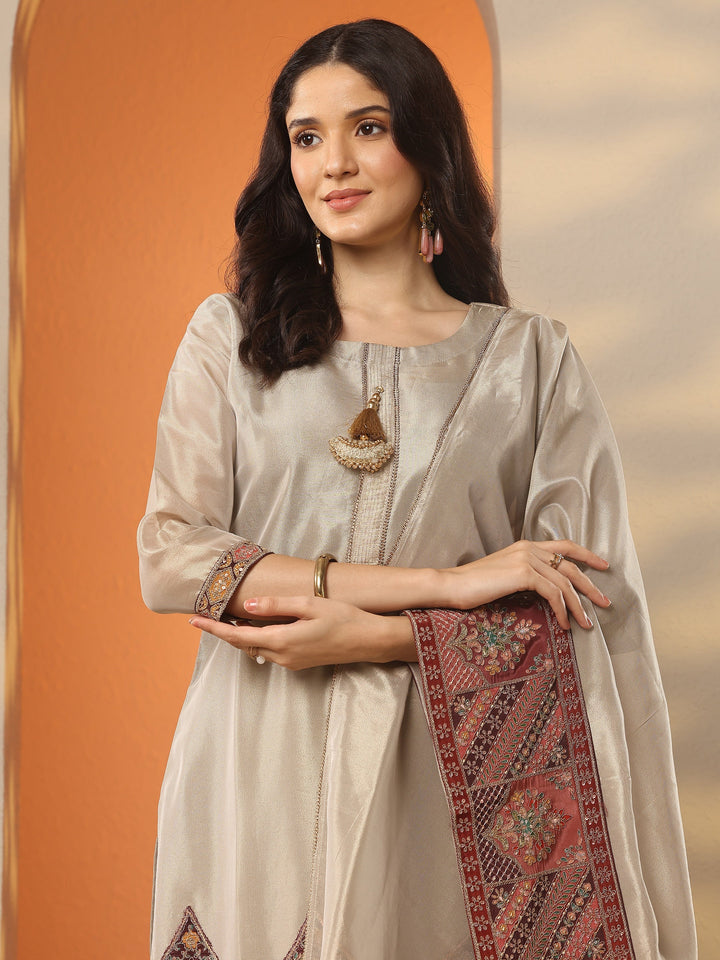 Libas Art Grey Woven Design Organza Straight Suit Set With Dupatta