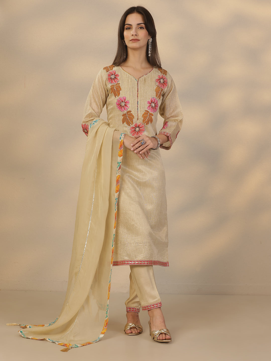 Off White Yoke Design Silk Blend A-Line Suit Set With Dupatta
