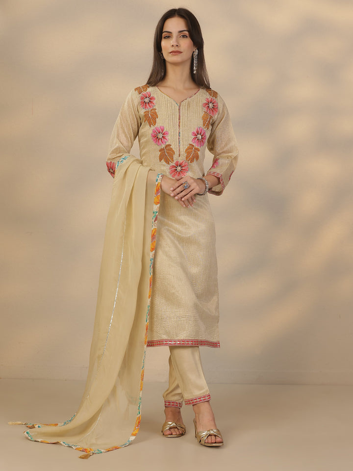 Off White Yoke Design Silk Blend A-Line Suit Set With Dupatta