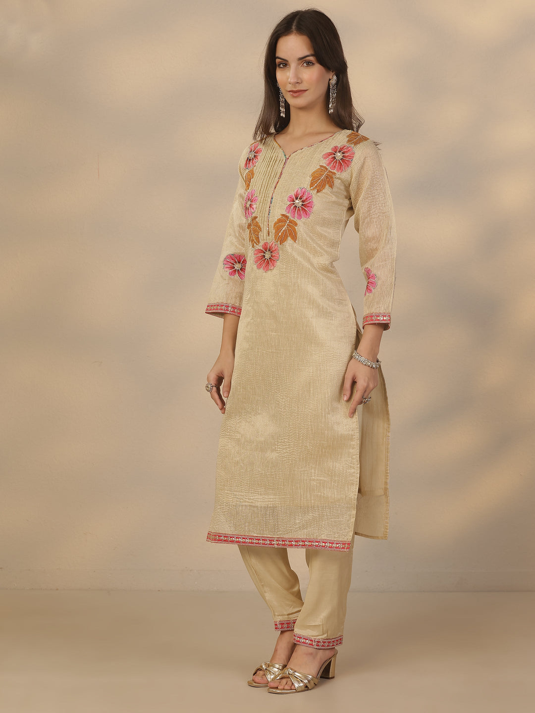 Off White Yoke Design Silk Blend A-Line Suit Set With Dupatta