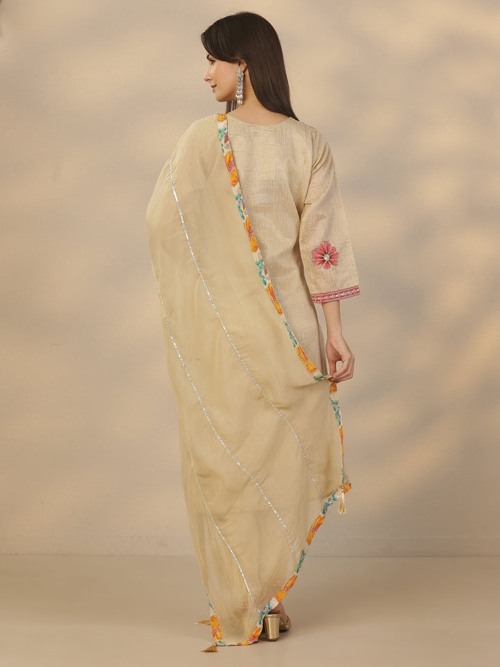 Off White Yoke Design Silk Blend A-Line Suit Set With Dupatta
