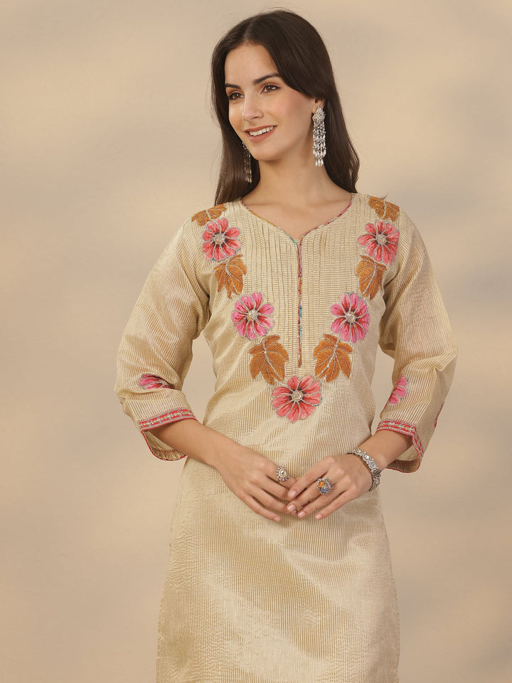 Off White Yoke Design Silk Blend A-Line Suit Set With Dupatta