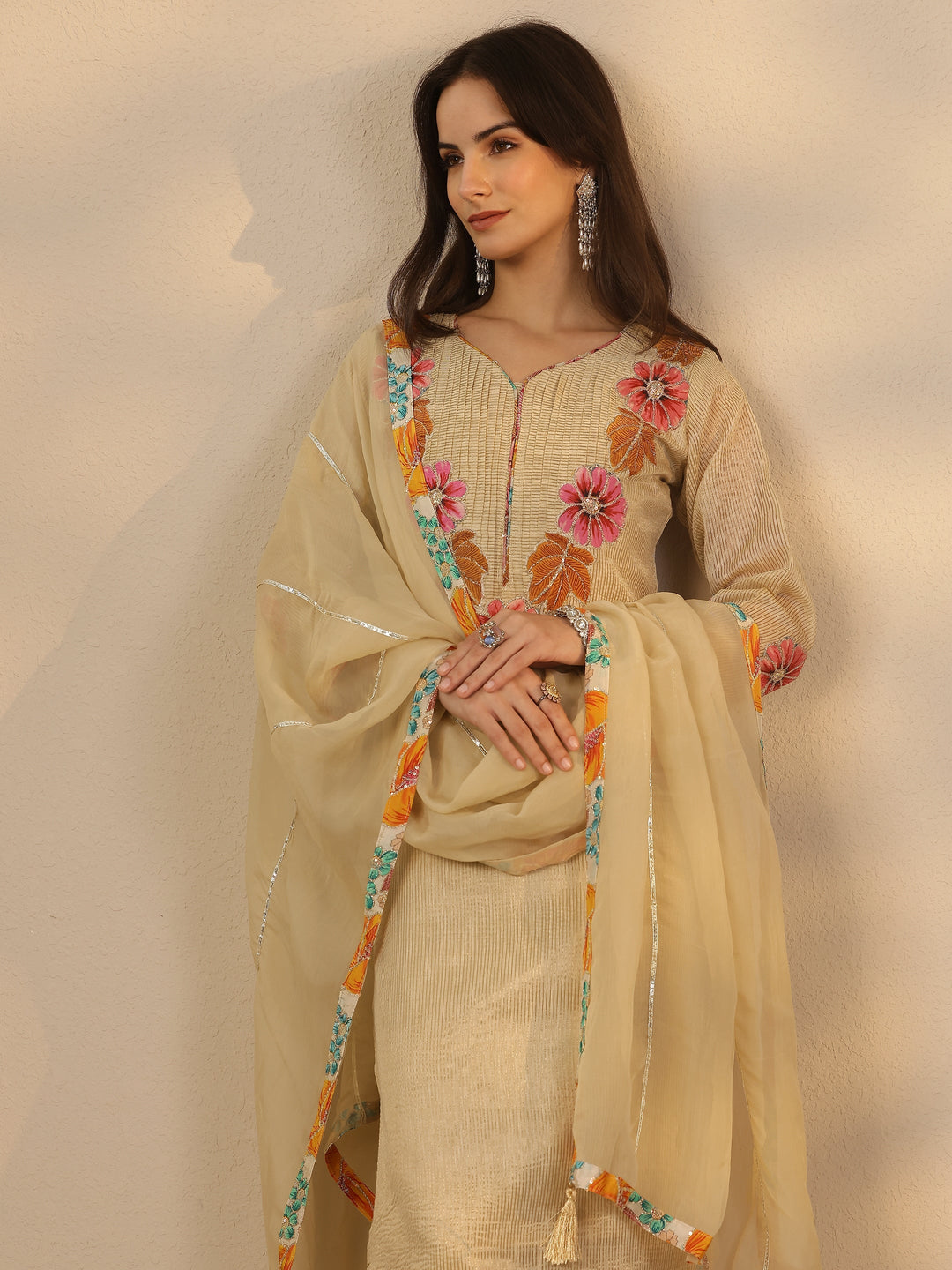 Off White Yoke Design Silk Blend A-Line Suit Set With Dupatta