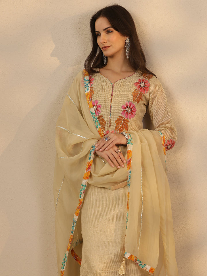 Off White Yoke Design Silk Blend A-Line Suit Set With Dupatta