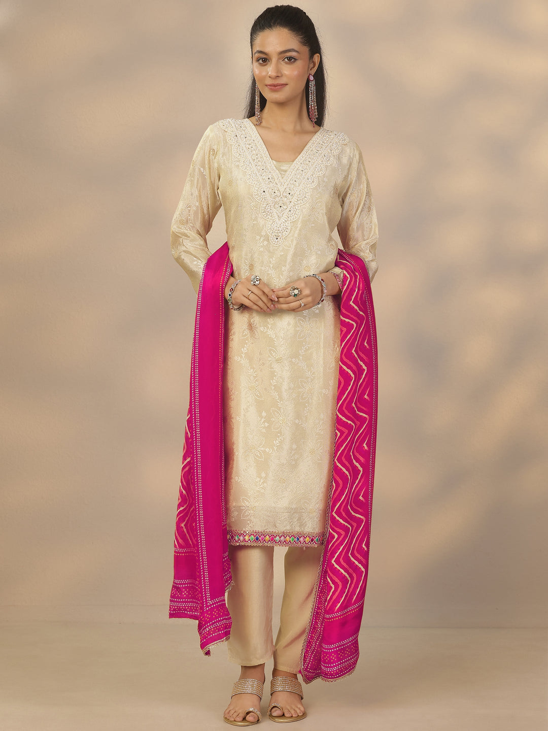 Off White Woven Design Silk Blend Straight Suit Set With Dupatta