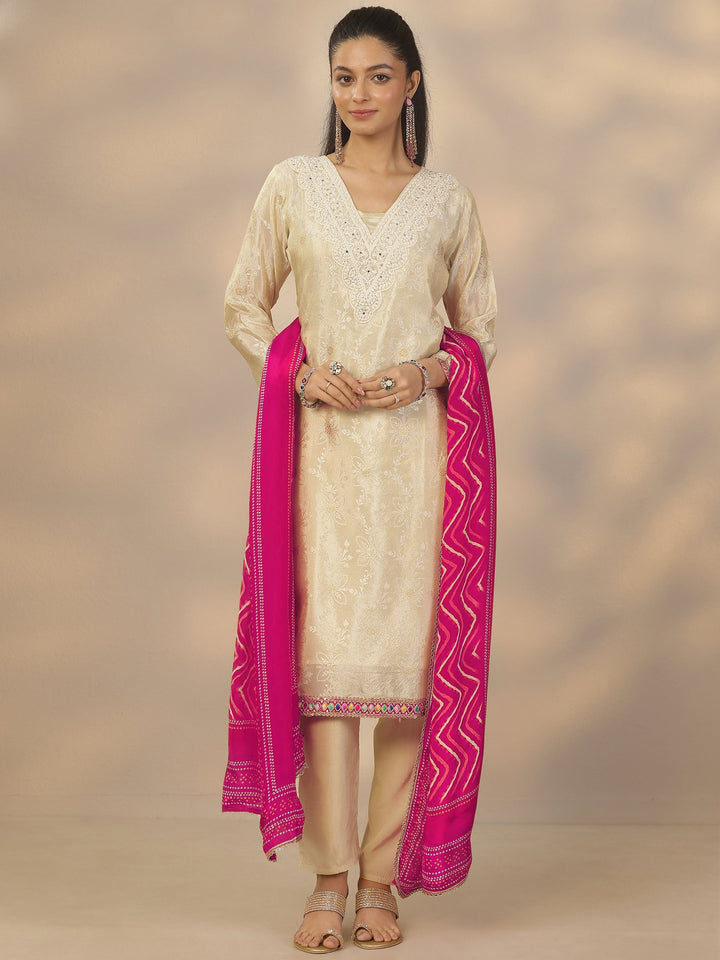 Off White Woven Design Silk Blend Straight Suit Set With Dupatta