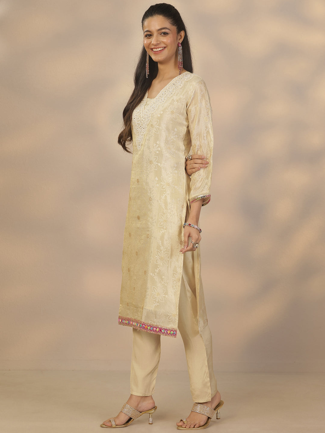Off White Woven Design Silk Blend Straight Suit Set With Dupatta