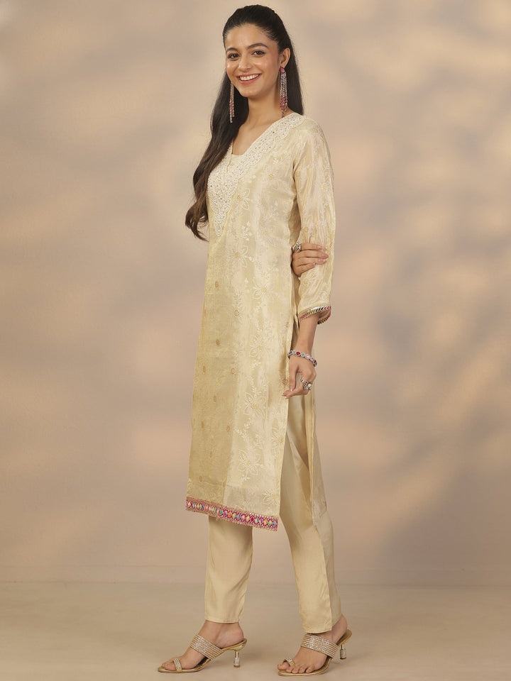 Off White Woven Design Silk Blend Straight Suit Set With Dupatta