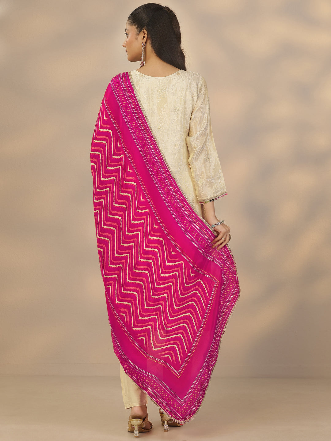 Off White Woven Design Silk Blend Straight Suit Set With Dupatta