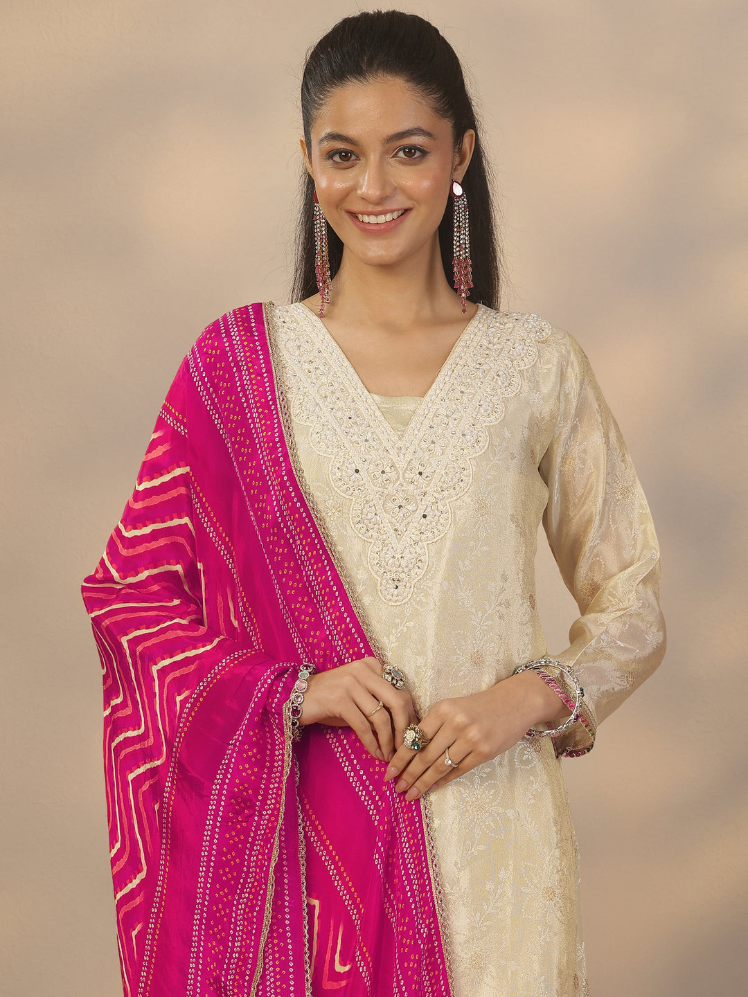Off White Woven Design Silk Blend Straight Suit Set With Dupatta