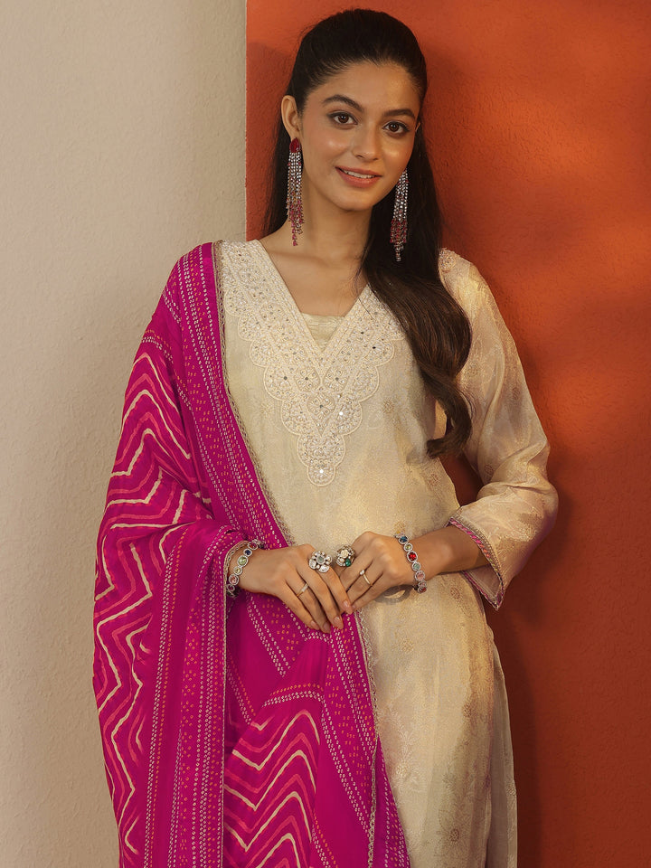 Off White Woven Design Silk Blend Straight Suit Set With Dupatta