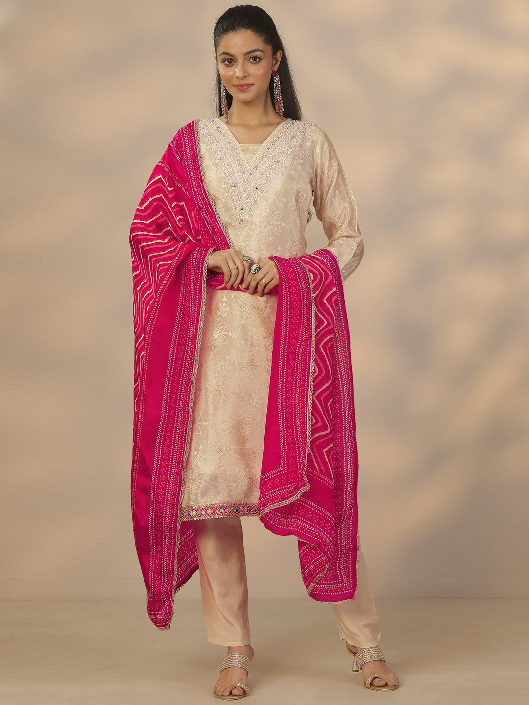 Off White Woven Design Silk Blend Straight Suit Set With Dupatta