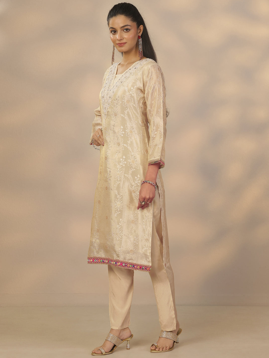 Off White Woven Design Silk Blend Straight Suit Set With Dupatta