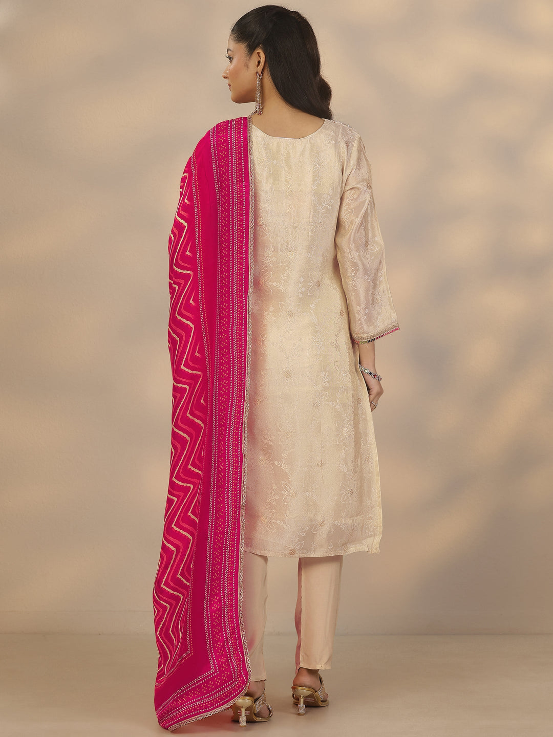 Off White Woven Design Silk Blend Straight Suit Set With Dupatta