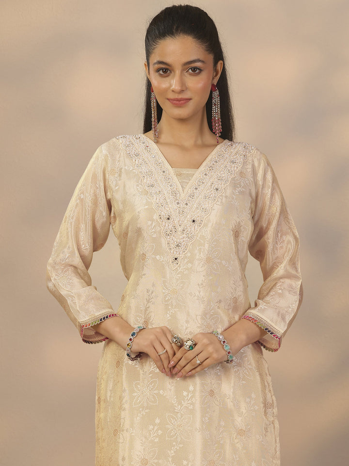 Off White Woven Design Silk Blend Straight Suit Set With Dupatta