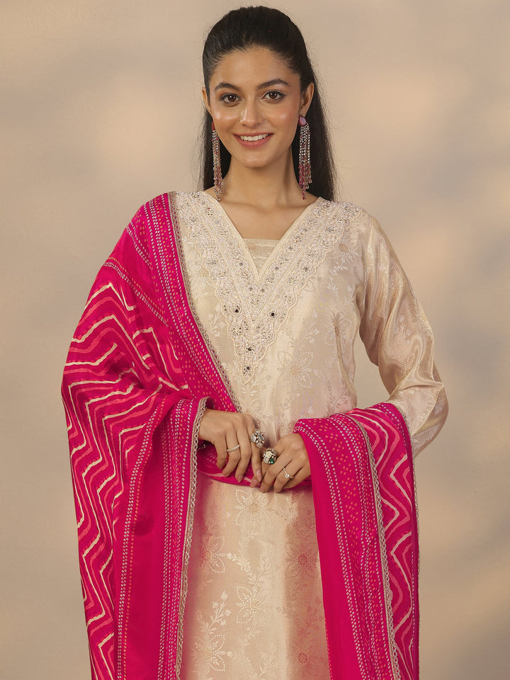 Off White Woven Design Silk Blend Straight Suit Set With Dupatta