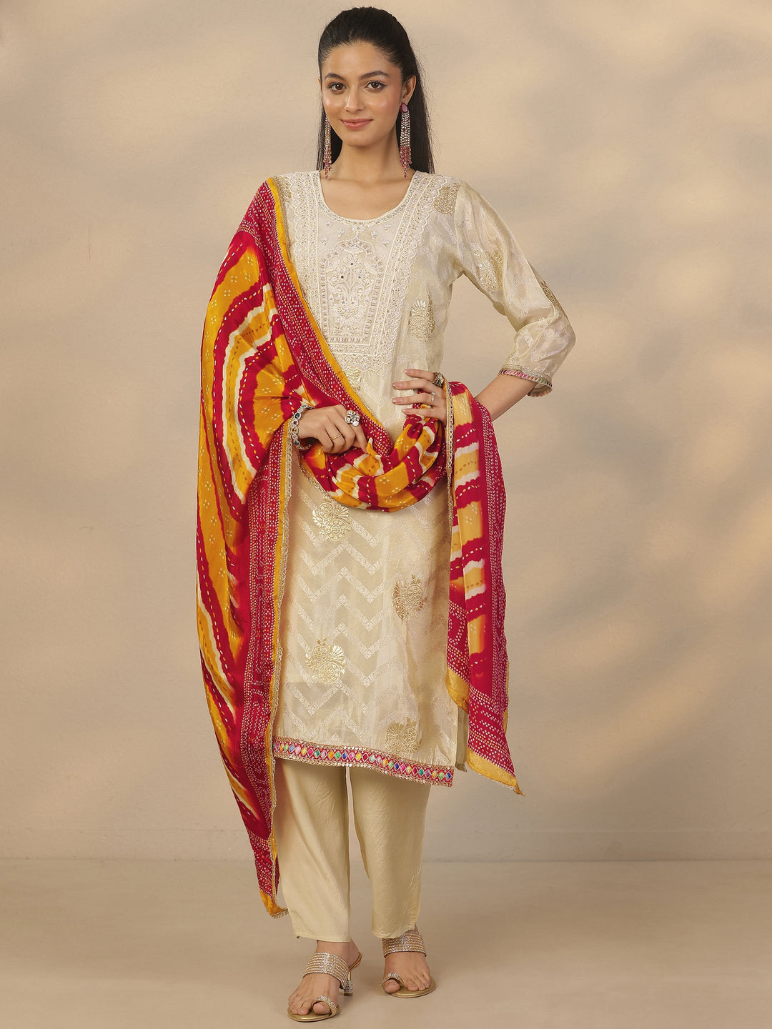 Off White Woven Design Silk Blend Straight Suit Set With Dupatta