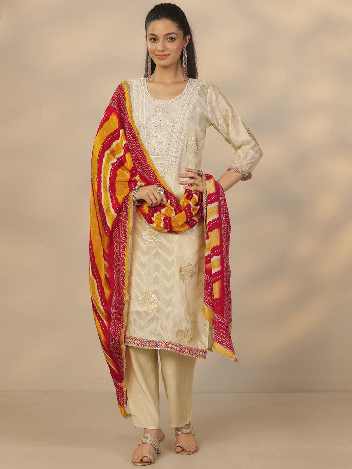 Off White Woven Design Silk Blend Straight Suit Set With Dupatta