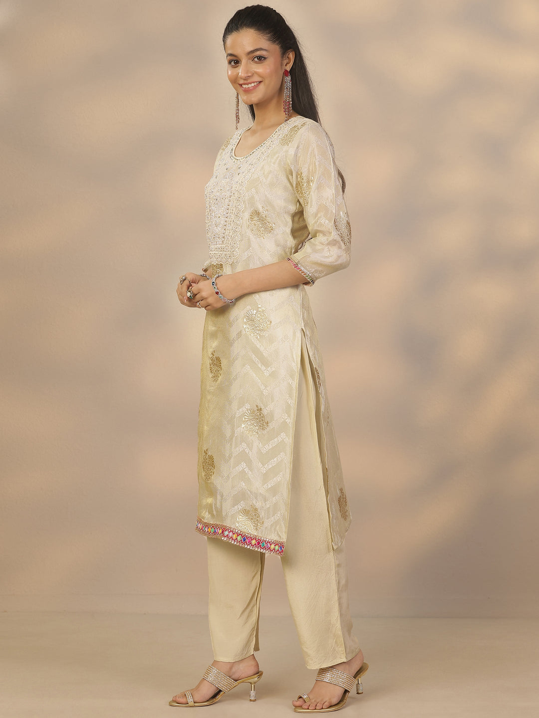 Off White Woven Design Silk Blend Straight Suit Set With Dupatta