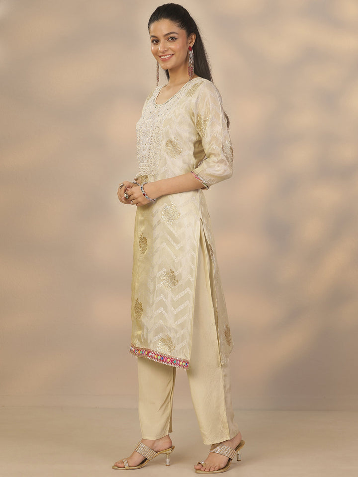 Off White Woven Design Silk Blend Straight Suit Set With Dupatta