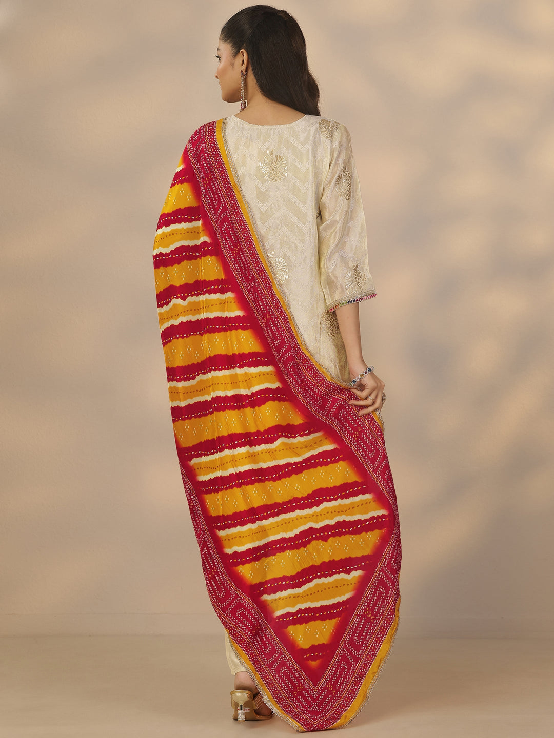 Off White Woven Design Silk Blend Straight Suit Set With Dupatta