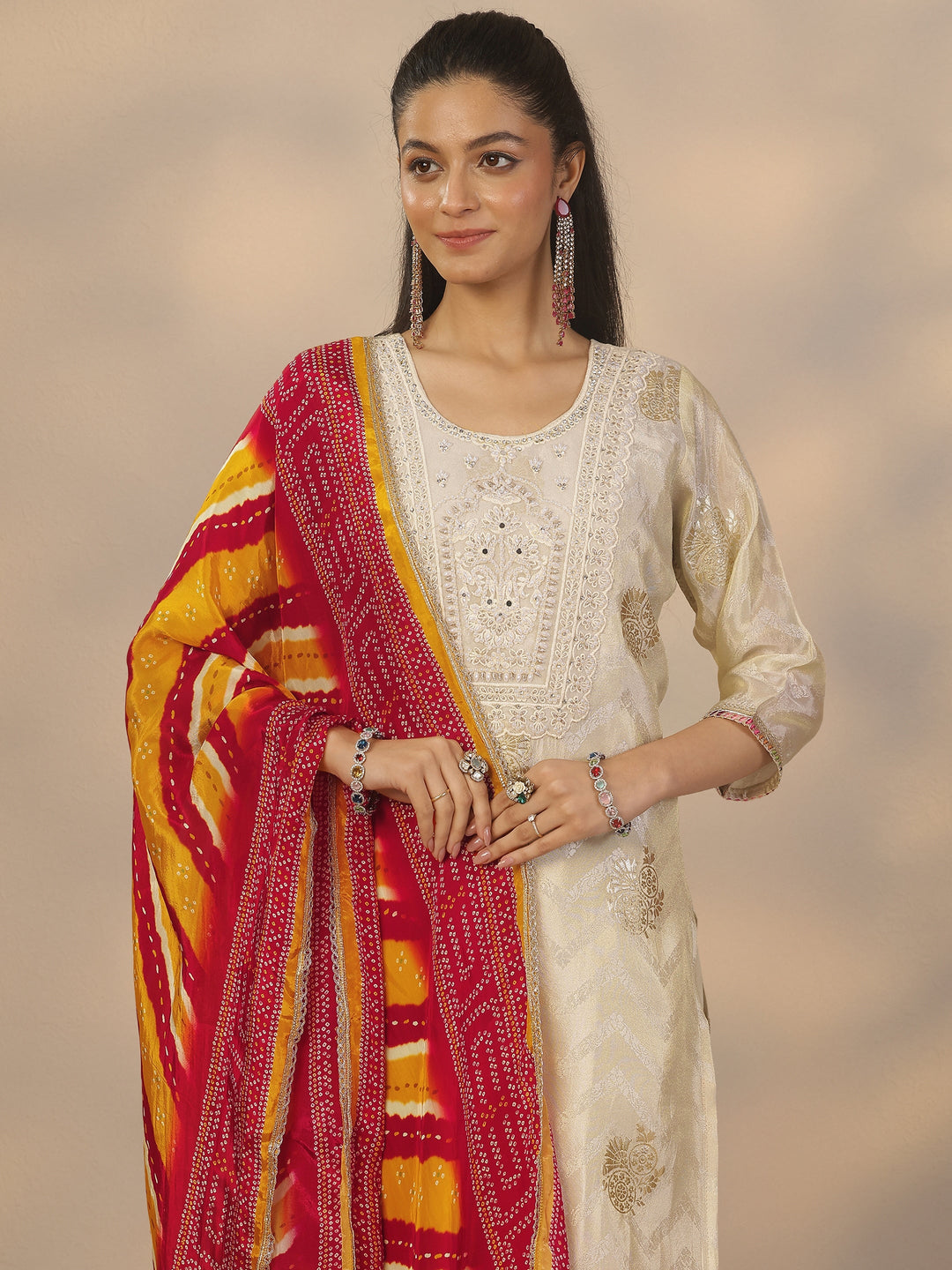 Off White Woven Design Silk Blend Straight Suit Set With Dupatta