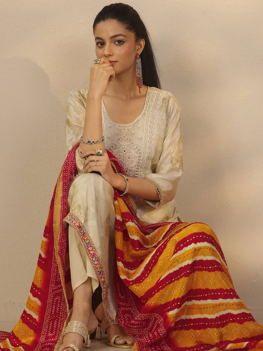 Off White Woven Design Silk Blend Straight Suit Set With Dupatta