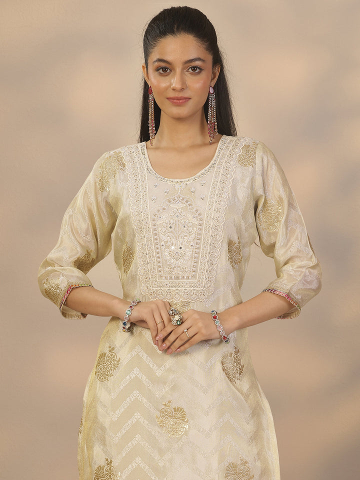 Off White Woven Design Silk Blend Straight Suit Set With Dupatta