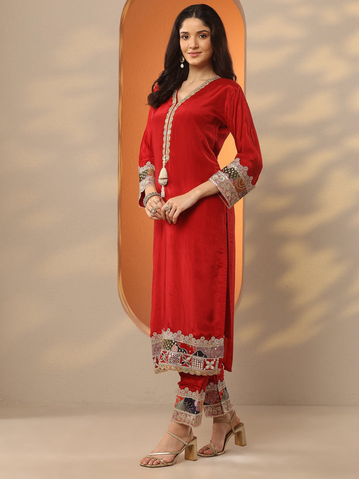 Red Embroidered Crepe Straight Suit Set With Dupatta