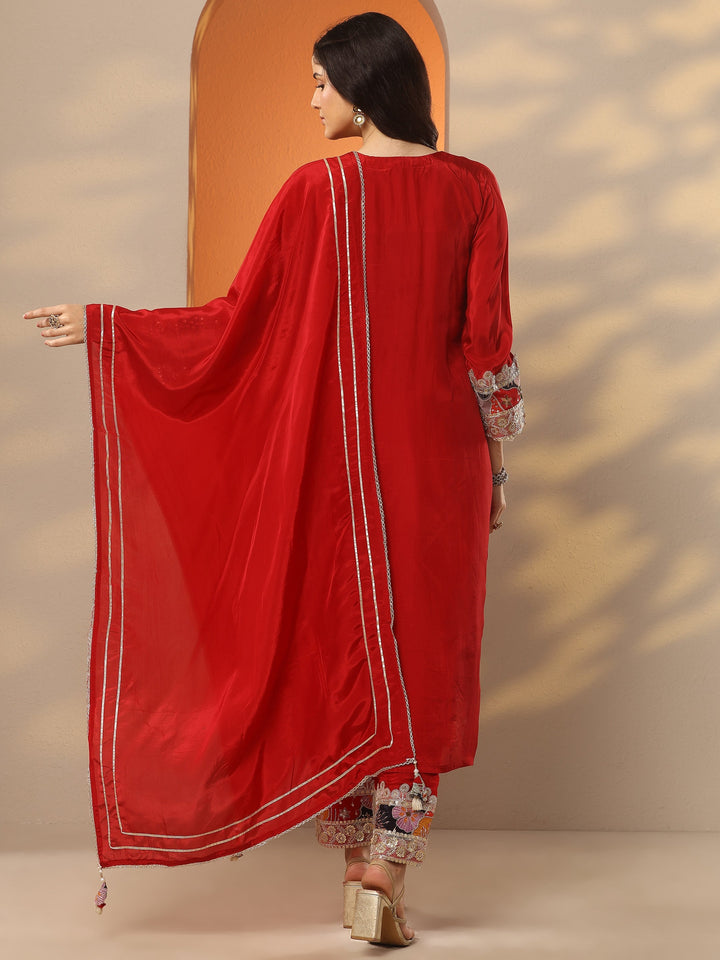 Red Embroidered Crepe Straight Suit Set With Dupatta