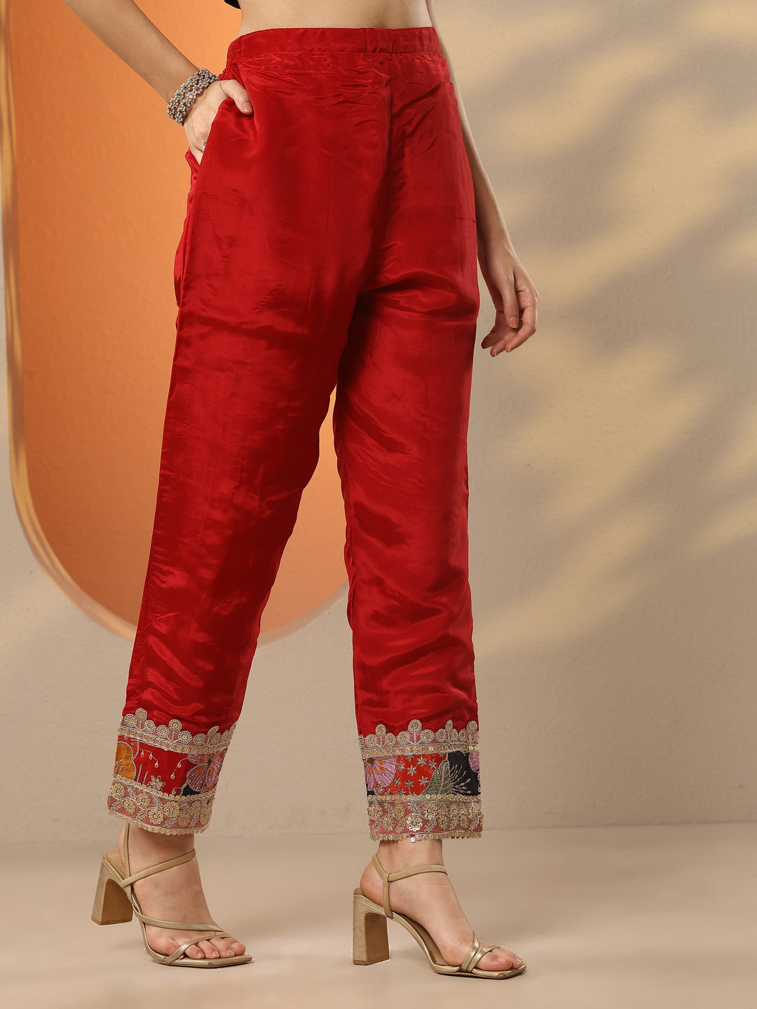 Red Embroidered Crepe Straight Suit Set With Dupatta