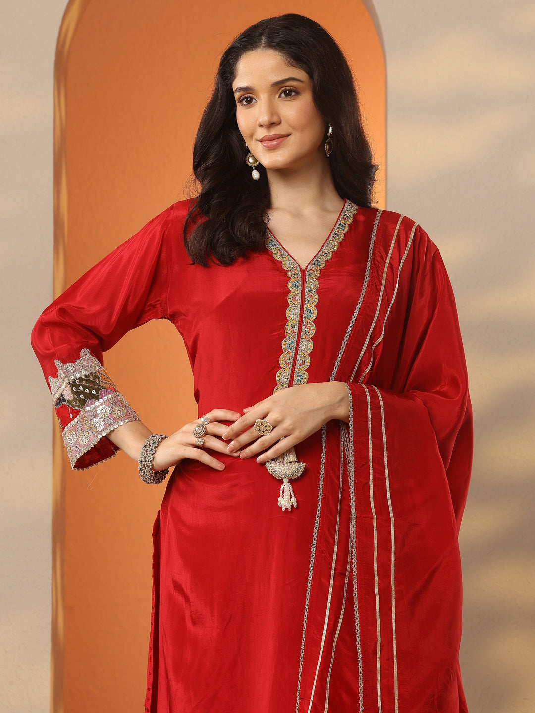 Red Embroidered Crepe Straight Suit Set With Dupatta
