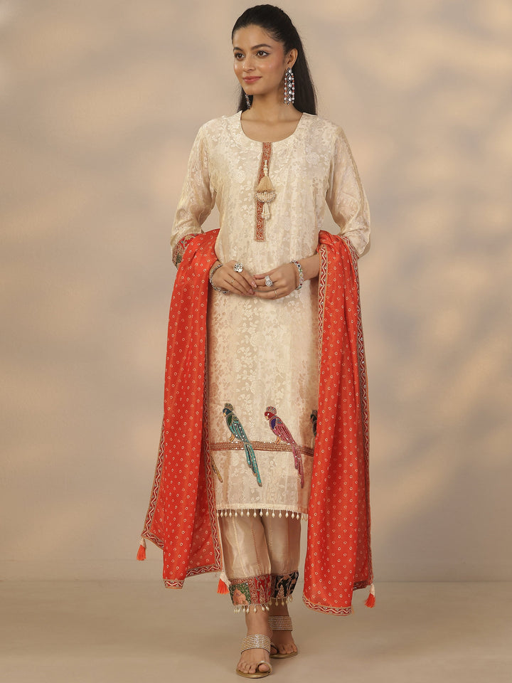 Off White Woven Design Silk Blend Straight Suit Set With Dupatta