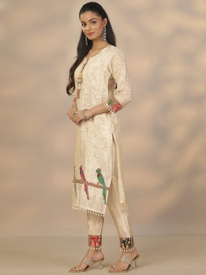 Off White Woven Design Silk Blend Straight Suit Set With Dupatta