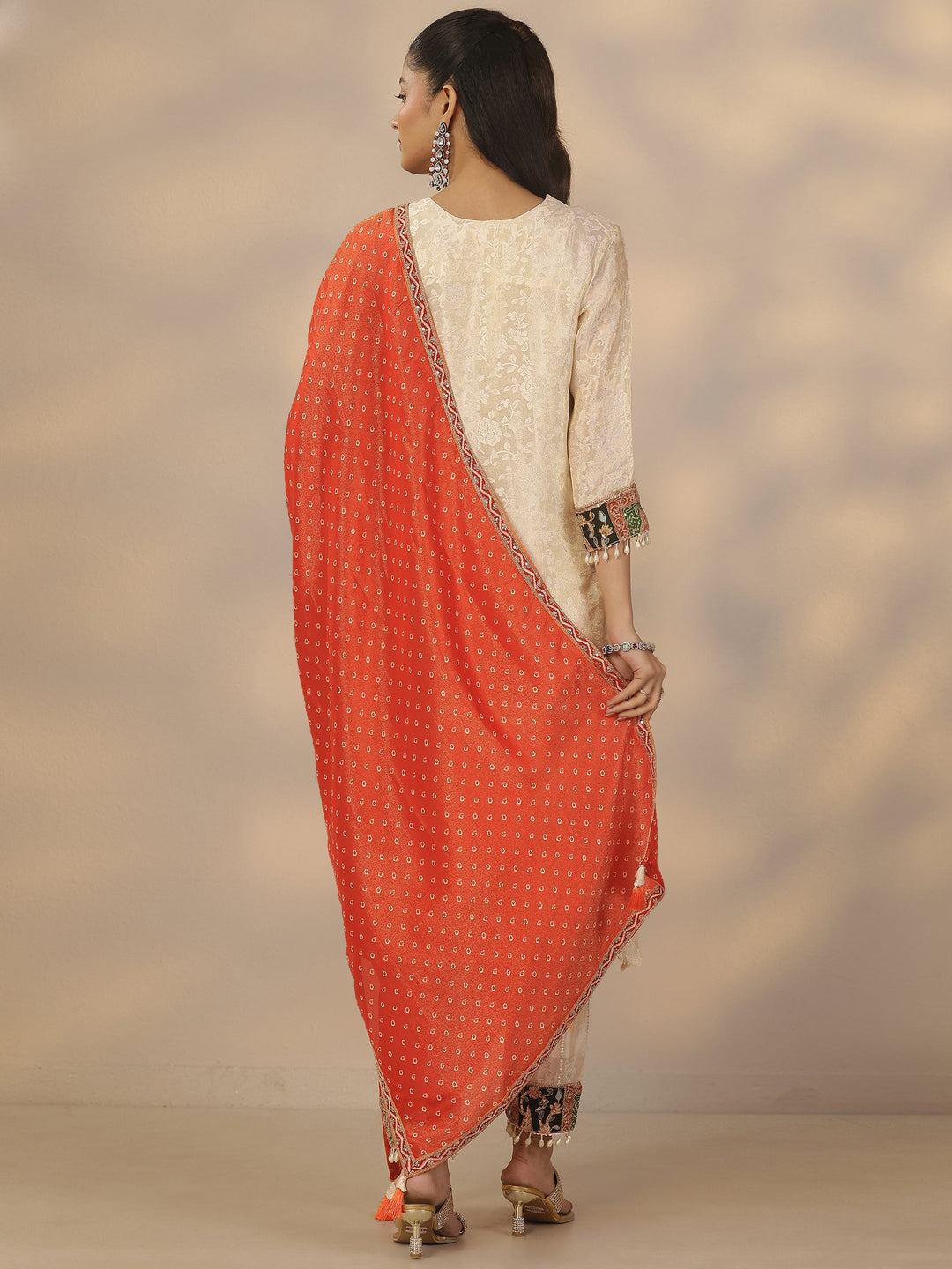 Off White Woven Design Silk Blend Straight Suit Set With Dupatta