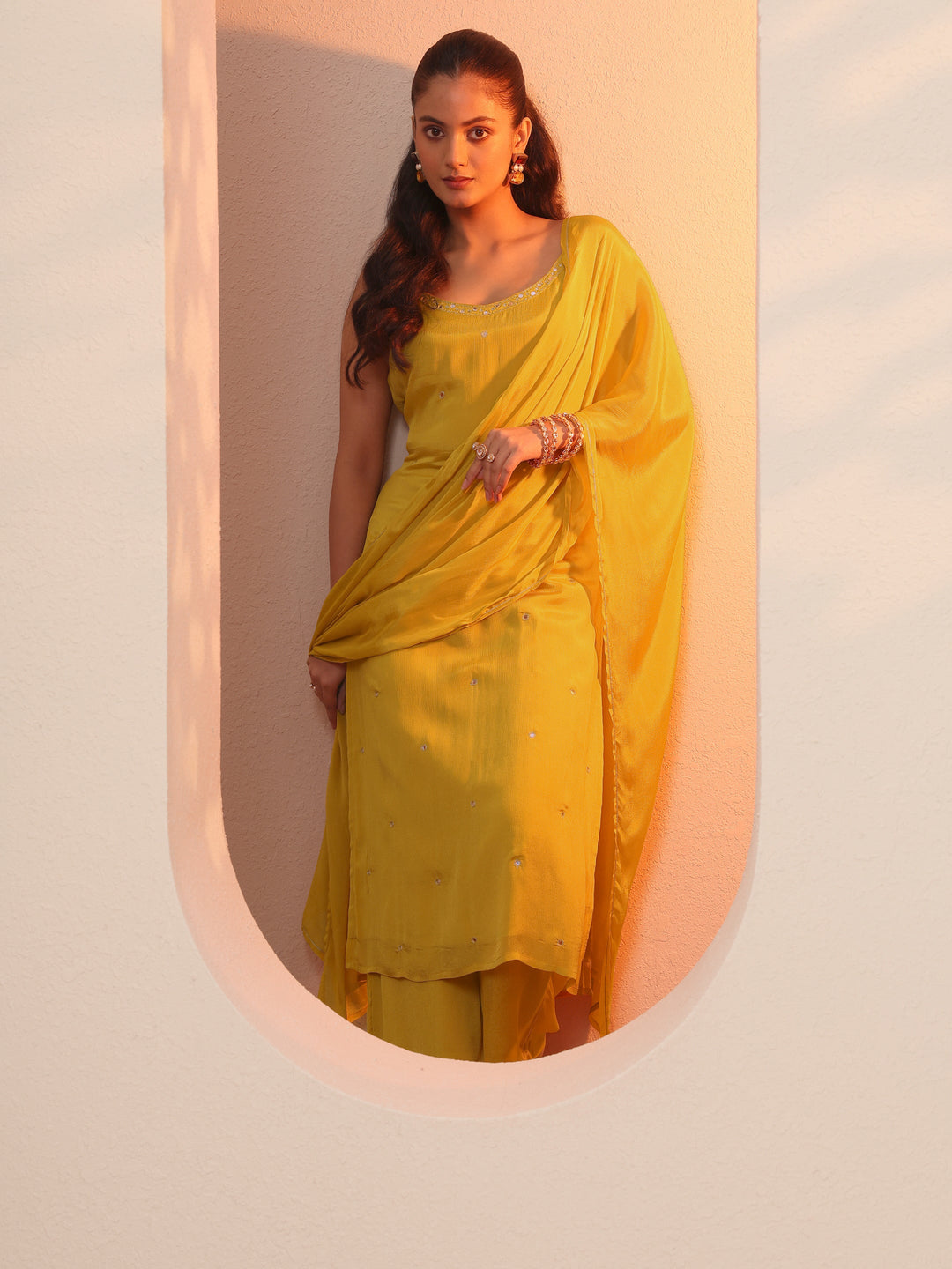 Yellow Embroidered Chinon Straight Suit Set With Dupatta