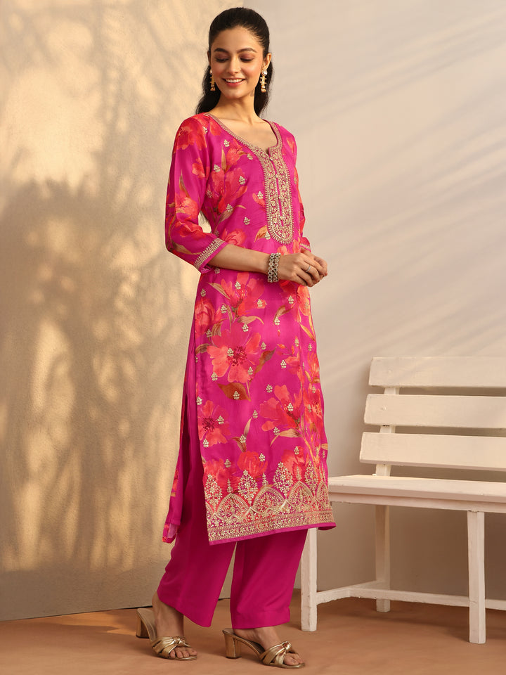 Pink Embroidered Silk Blend Straight Suit Set With Dupatta