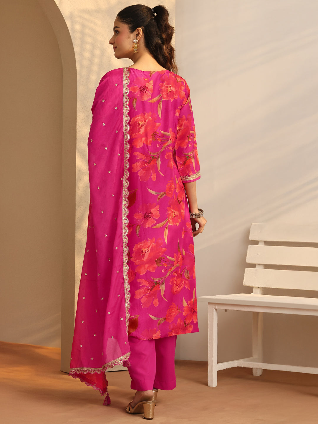 Pink Embroidered Silk Blend Straight Suit Set With Dupatta