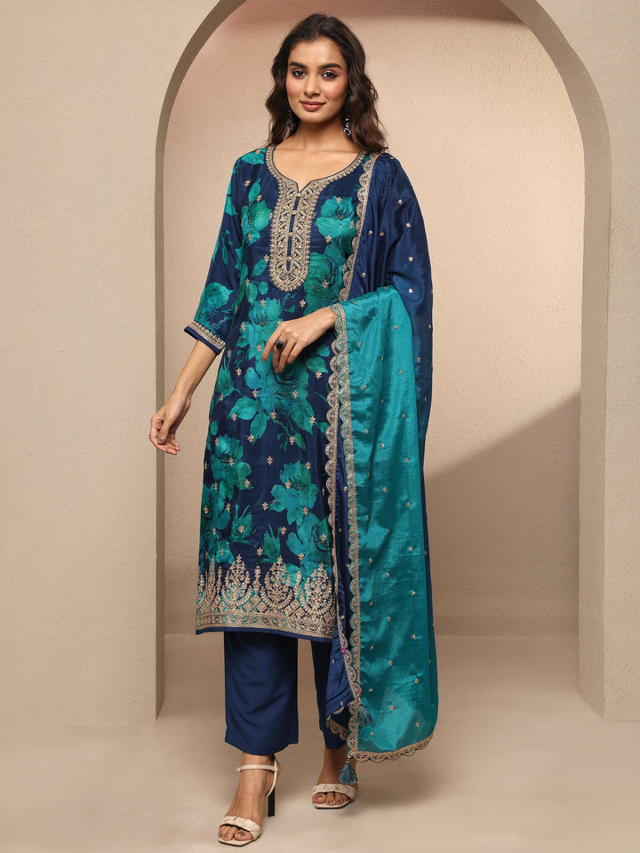 Navy Blue Embroidered Silk blend Straight Suit Set With Dupatta