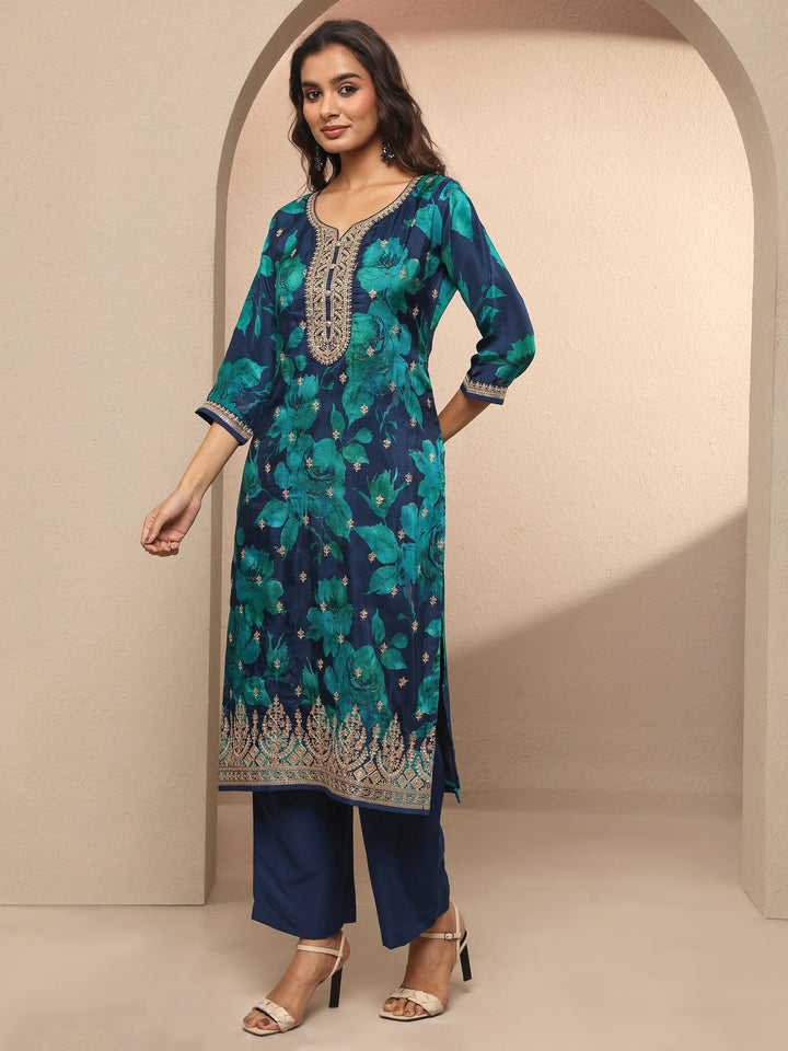 Navy Blue Embroidered Silk blend Straight Suit Set With Dupatta