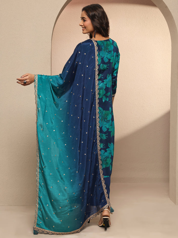 Navy Blue Embroidered Silk blend Straight Suit Set With Dupatta