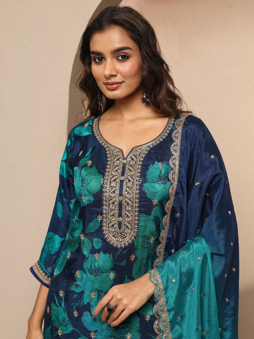 Navy Blue Embroidered Silk blend Straight Suit Set With Dupatta