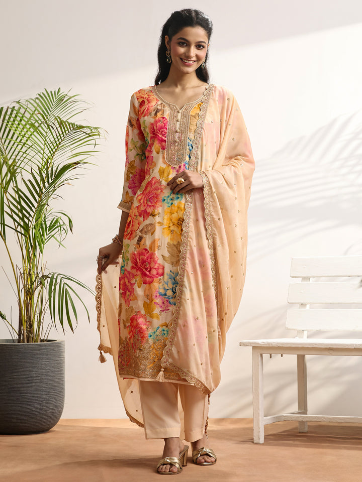 Off White Embroidered Silk Blend Straight Suit Set With Dupatta