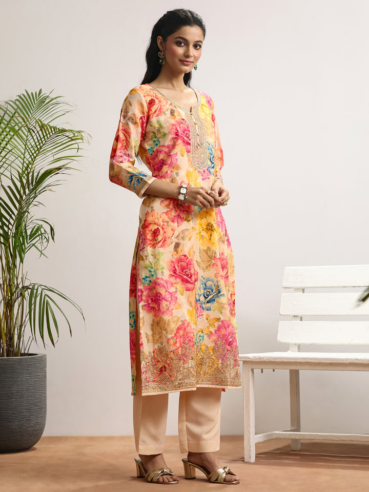 Off White Embroidered Silk Blend Straight Suit Set With Dupatta