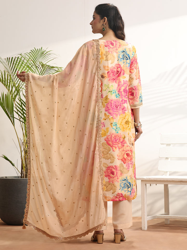Off White Embroidered Silk Blend Straight Suit Set With Dupatta