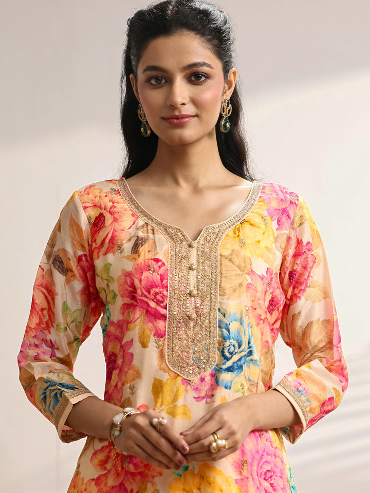 Off White Embroidered Silk Blend Straight Suit Set With Dupatta