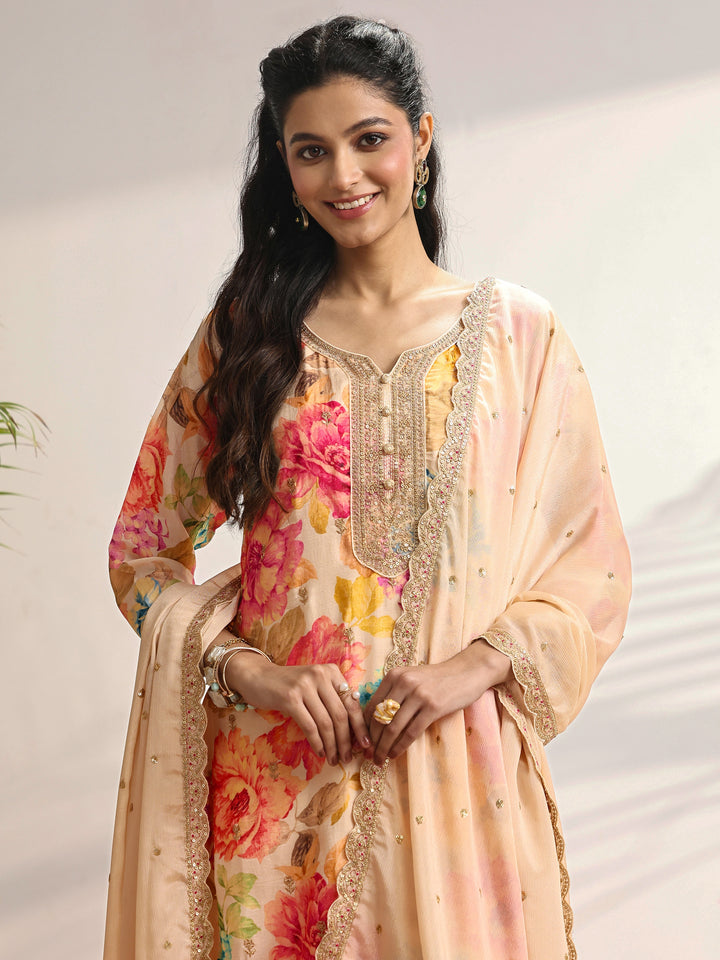 Off White Embroidered Silk Blend Straight Suit Set With Dupatta