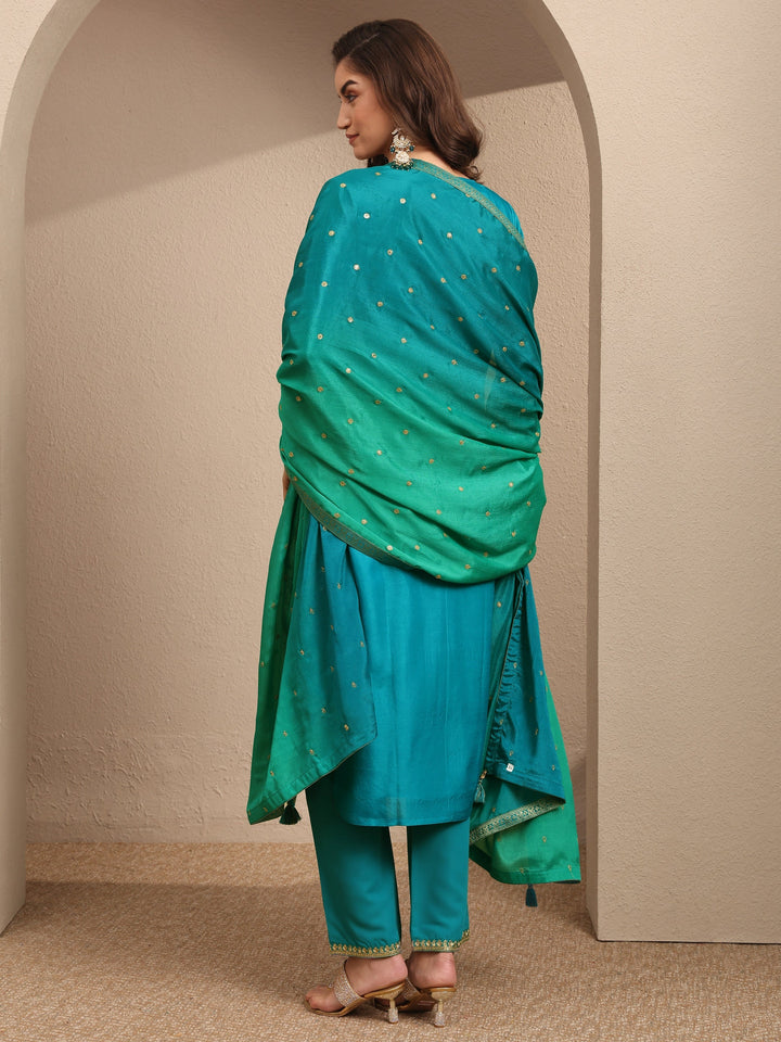 Blue Embroidered Silk Blend Straight Suit Set With Dupatta